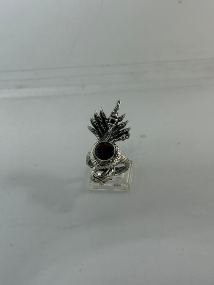 Anello Pavone Argento 925 con Granato Rosso Sfaccettato | Regolabile | Pezzo Unico