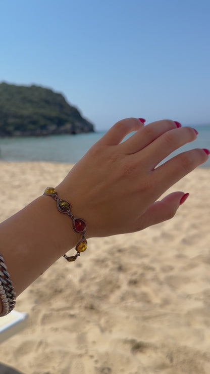 Bracciale in Argento 925 con Ambra Baltica a Tre Colori – Marrone, Gialla e Verde